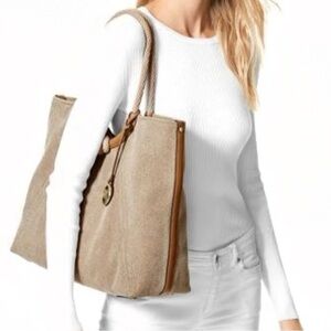 Michael Kors Isla Large Canvas Bag Tote Knot Detail Leather Trim